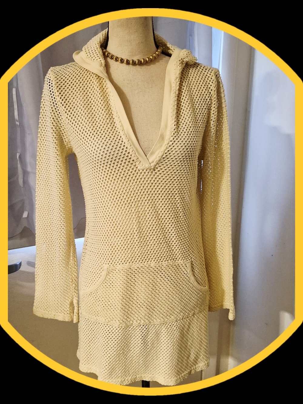 Athleta Yellow Open-Knit Croched/Mesh Hooded Cover up w/Kangaroo Pocket